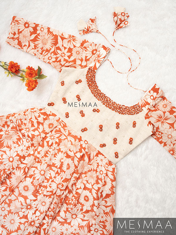 Rust half white flared anarkali