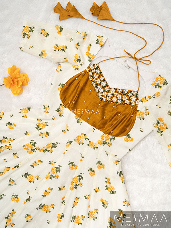 Mustard yellow creamy white flared anarkali