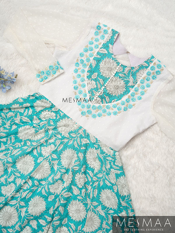 Blue white flared anarkali