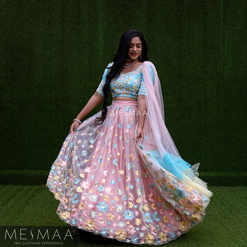 Peach pastel blue bridal lehenga