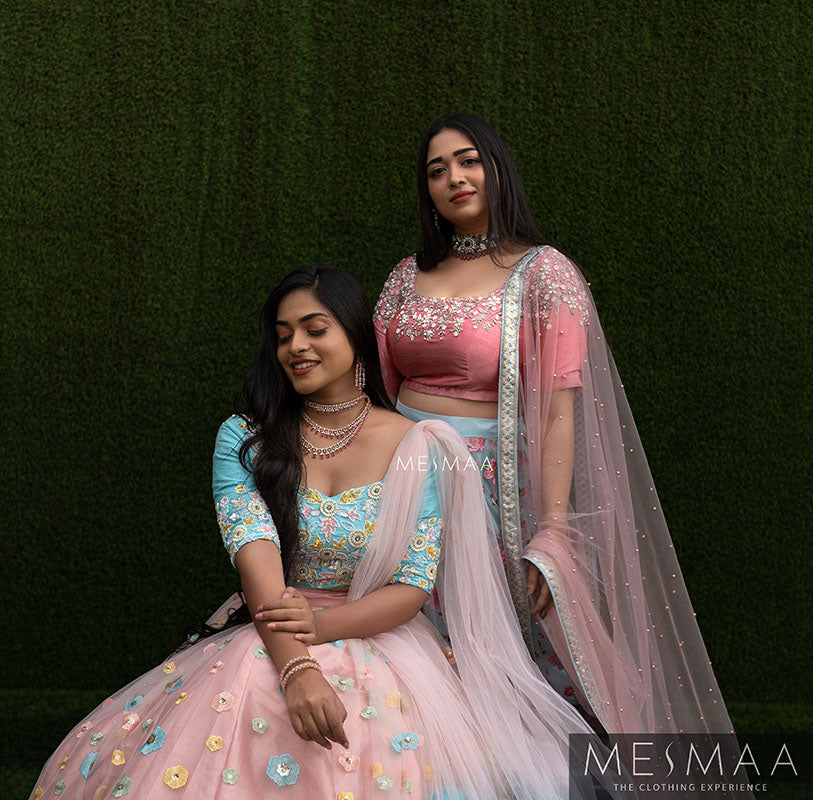 Peach pastel blue bridal lehenga