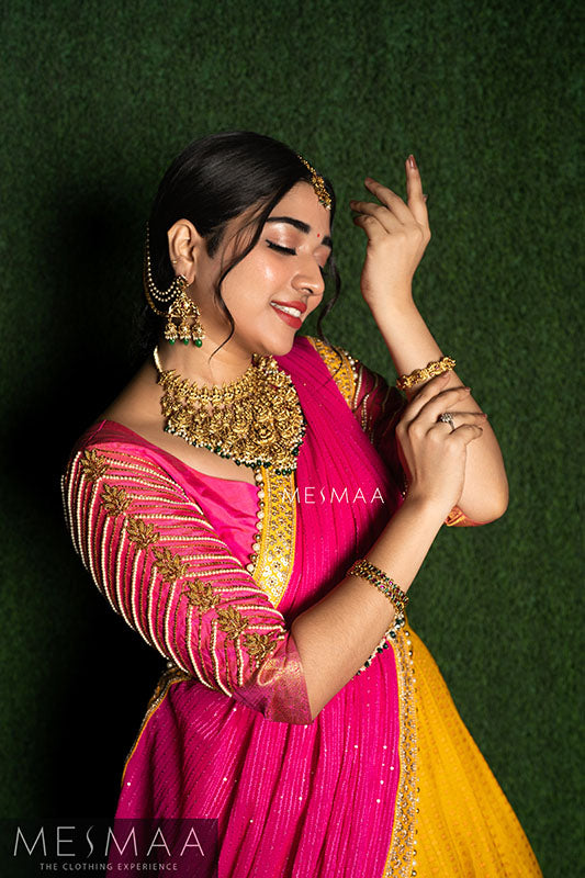 Yellow Rani pink bridal lehenga