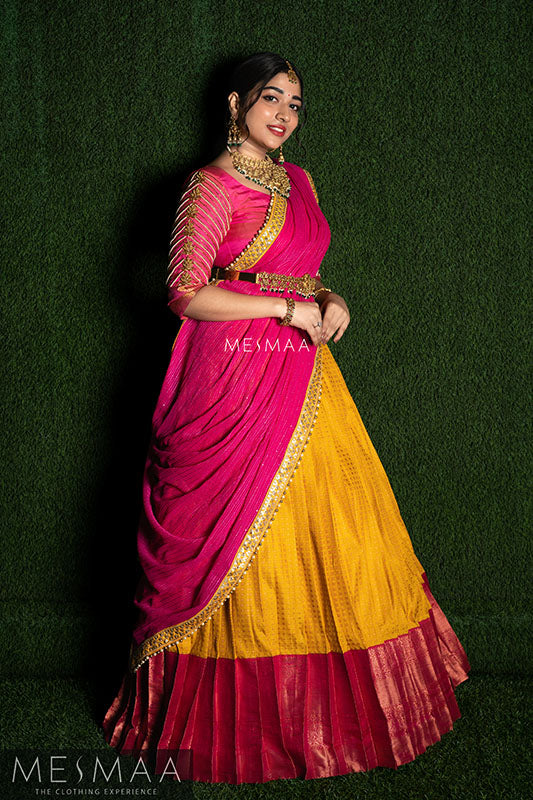 Yellow Rani pink bridal lehenga
