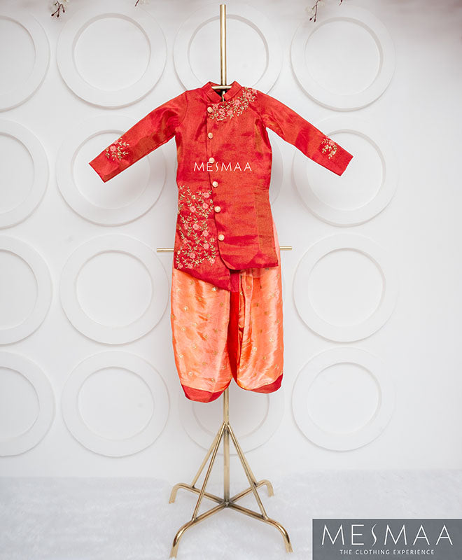 Peach reddish pink boys kurta set