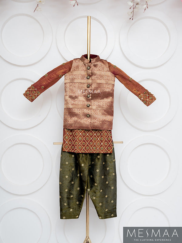 Maroon golden black boys kurta set
