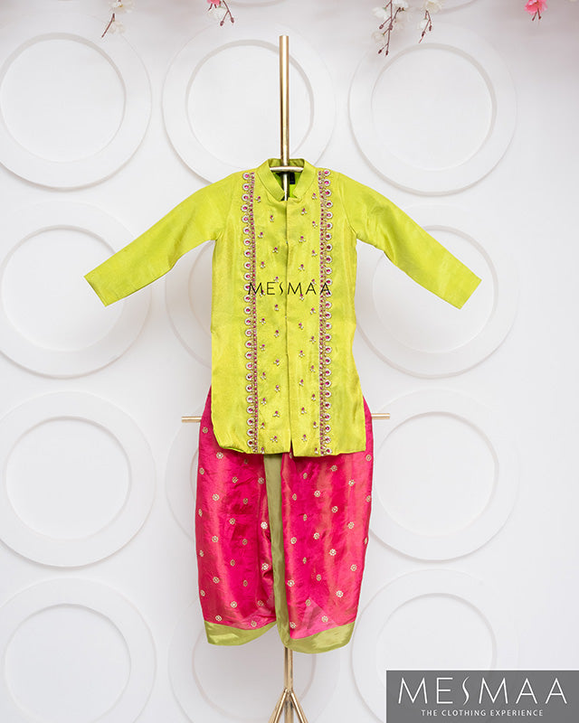 Bright green reddish pink boys kurta set