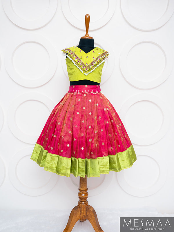 Bright green pink lehanga for kids