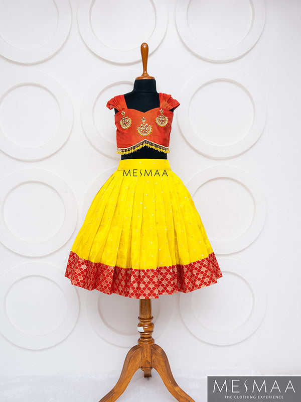 Lemon yellow red lehenga for kids