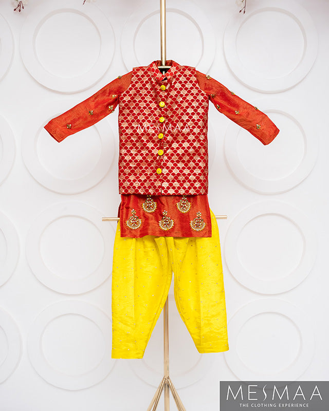 Lemon yellow red boys kurta set