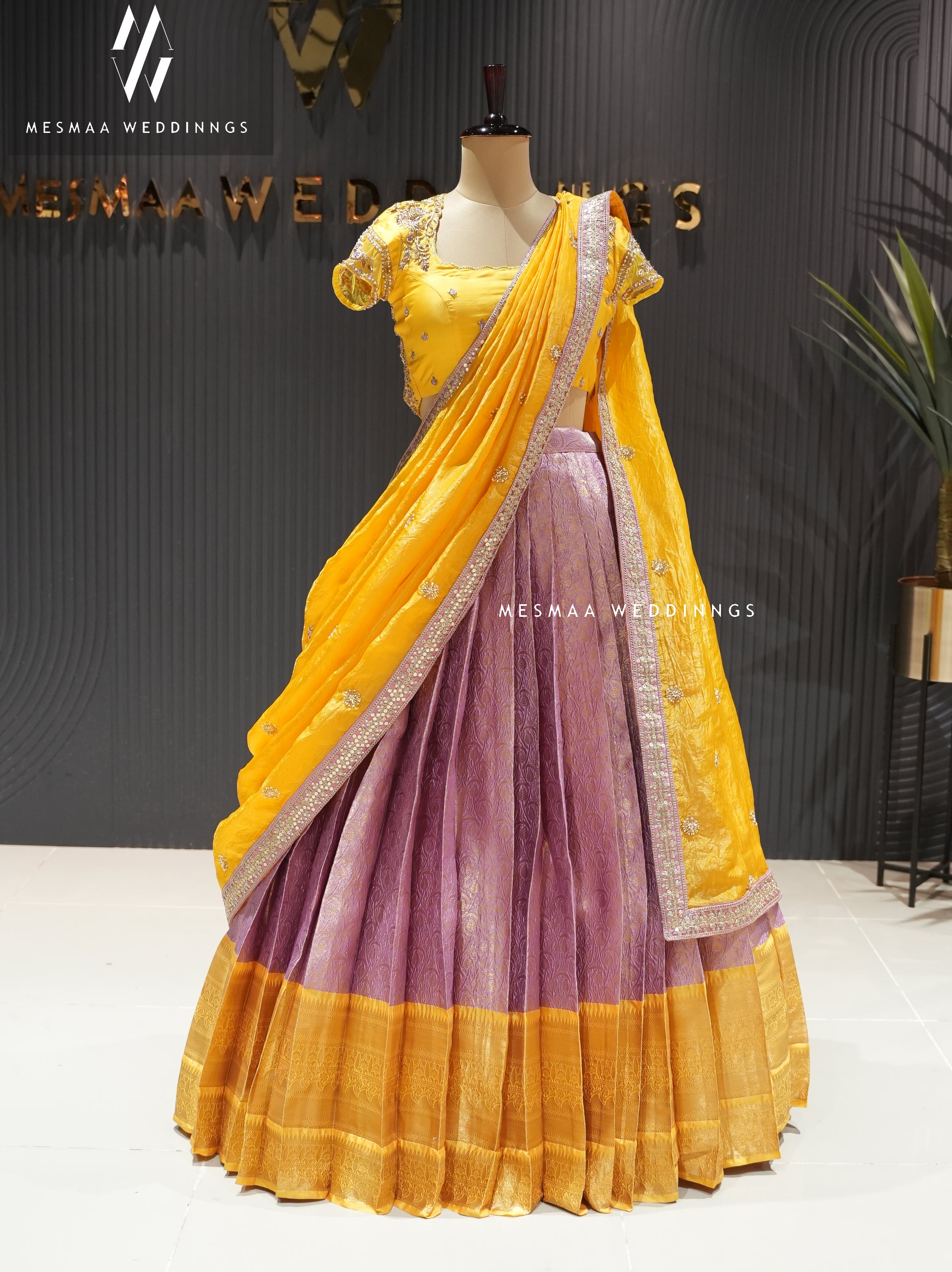 SUNFLOWER YELLOW LOTUS PINK PATTU HALF SAREE.