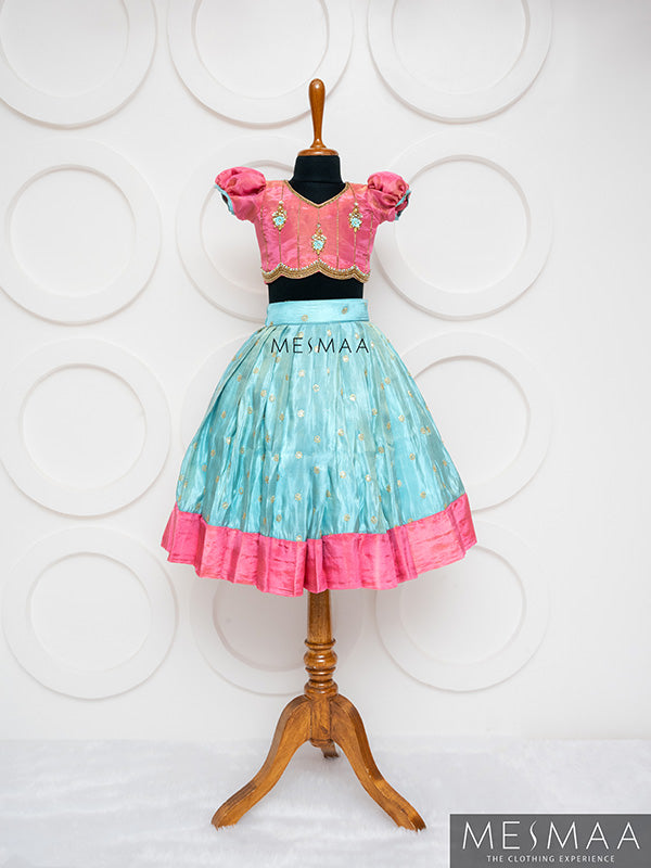 Flamingo pink baby blue lehenga for kids