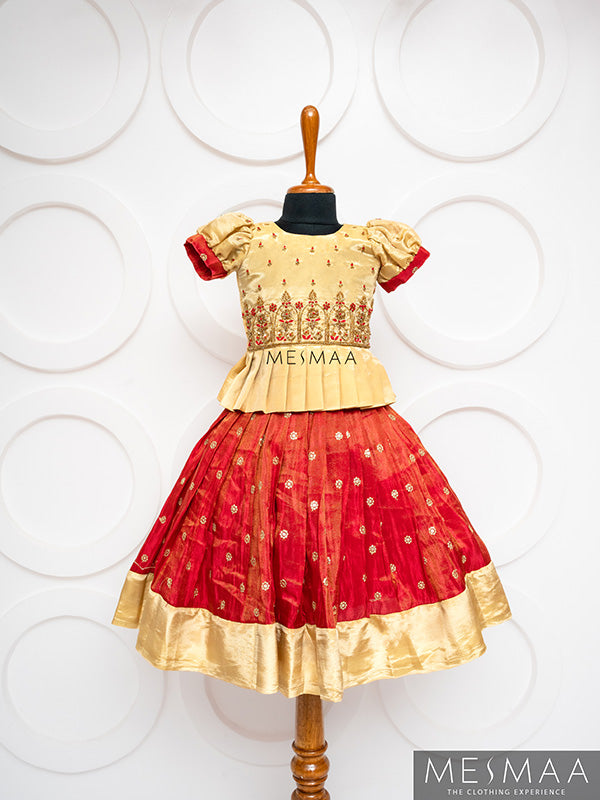 Beige pinkish red lehenga for kids