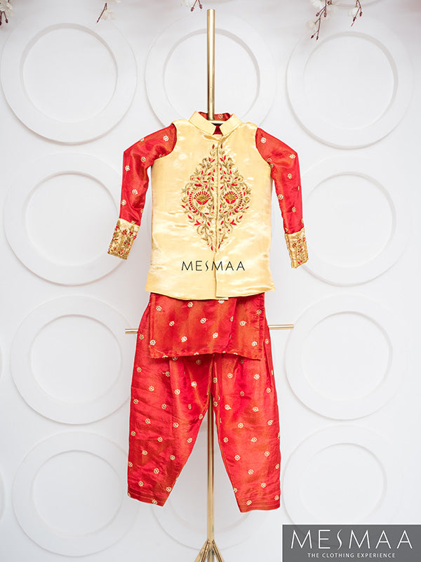 Beige pinkish red boys kurta set