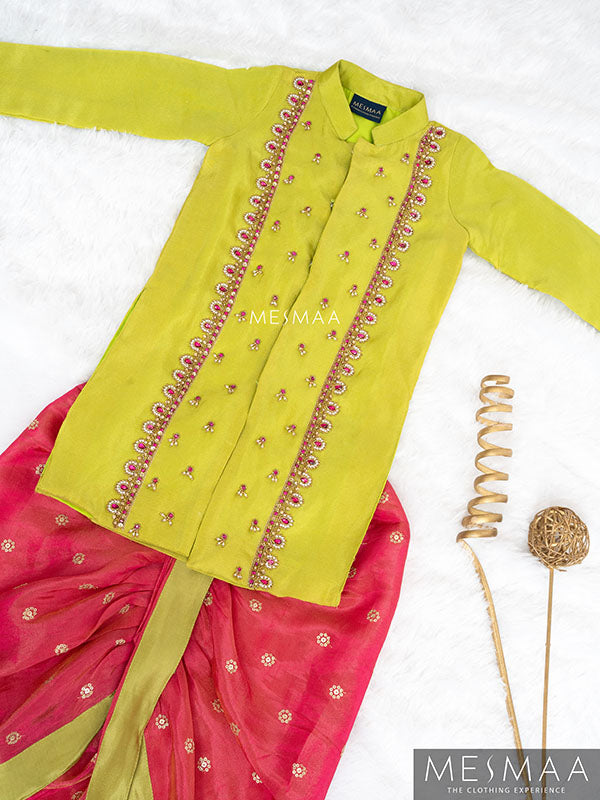 Bright green reddish pink boys kurta set