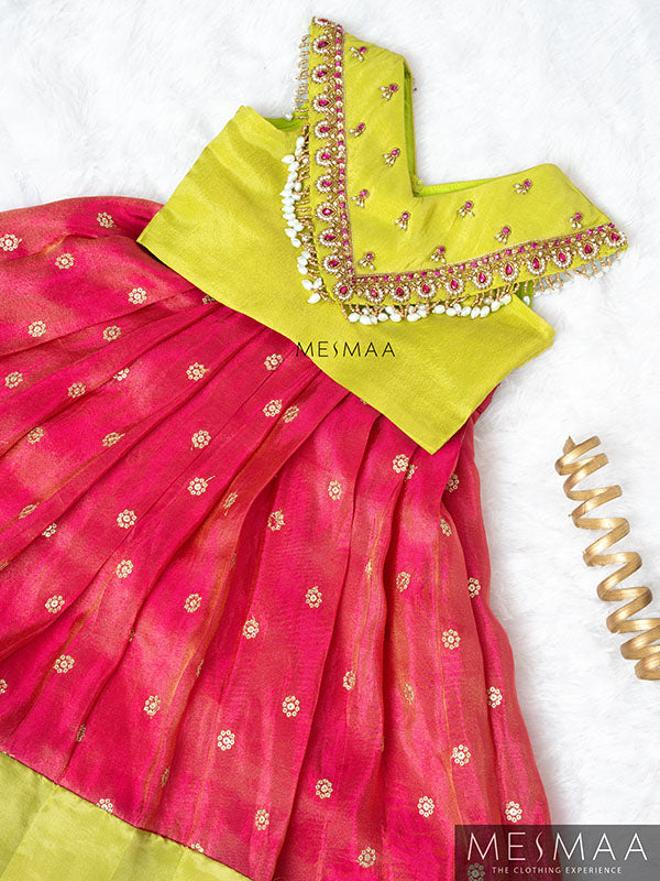 Bright green pink lehanga for kids