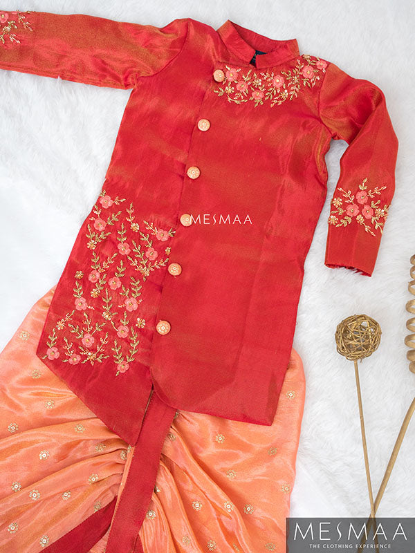 Peach reddish pink boys kurta set