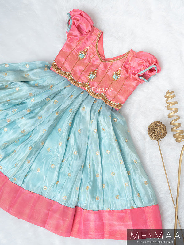 Flamingo pink baby blue lehenga for kids