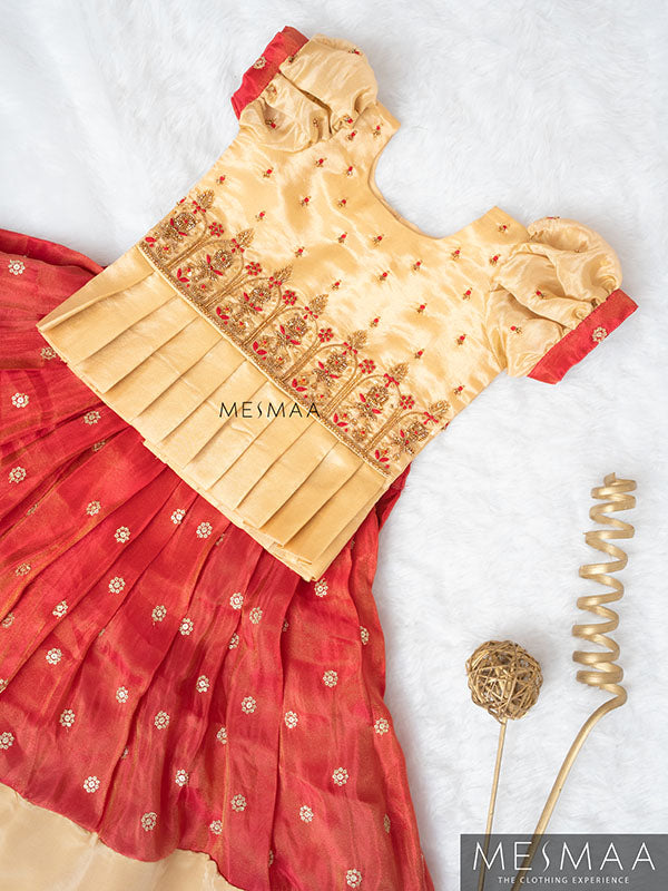 Beige pinkish red lehenga for kids