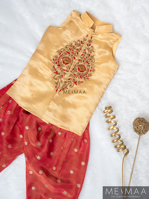 Beige pinkish red boys kurta set