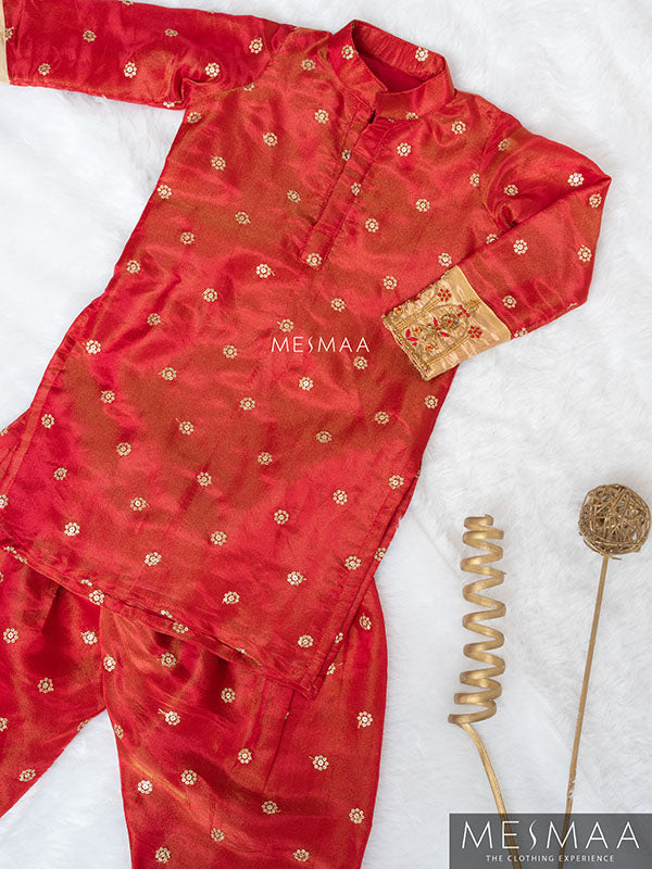 Beige pinkish red boys kurta set