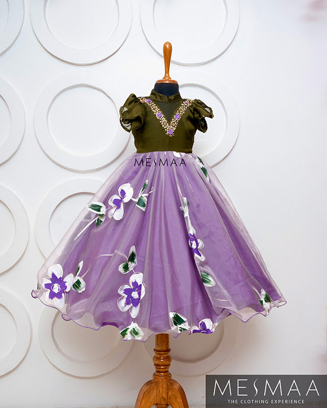 Olive green dusty lavender floral kid gown