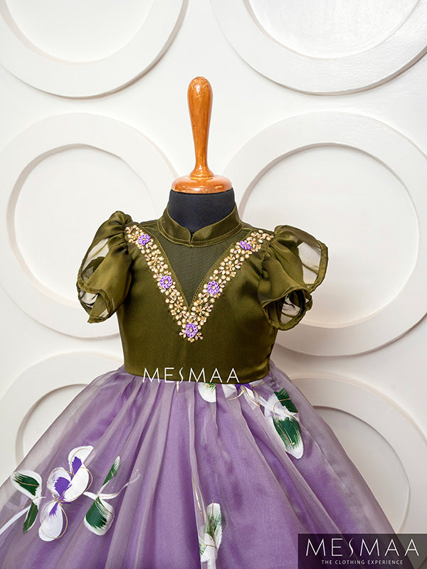 Olive green dusty lavender floral kid gown