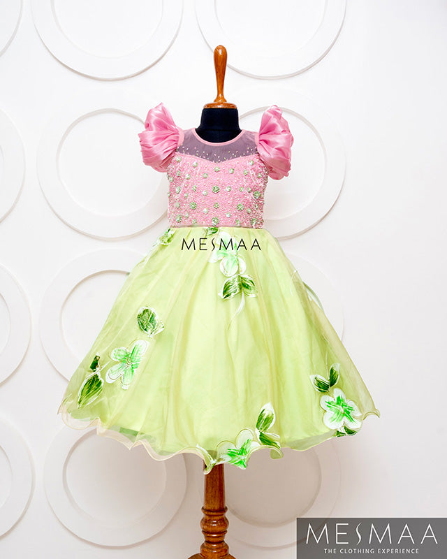Pink lemon green floral kid gown