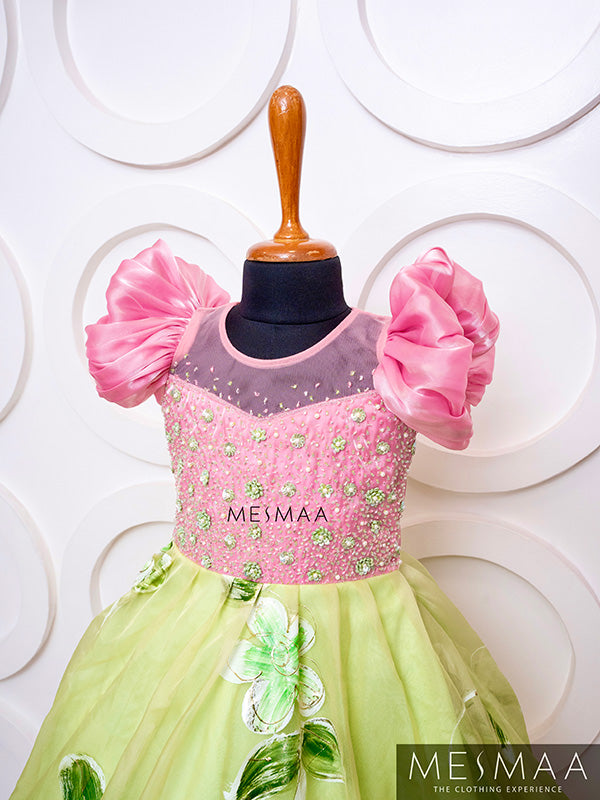 Pink lemon green floral kid gown
