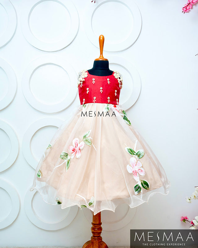 Coral red beige floral kid gown