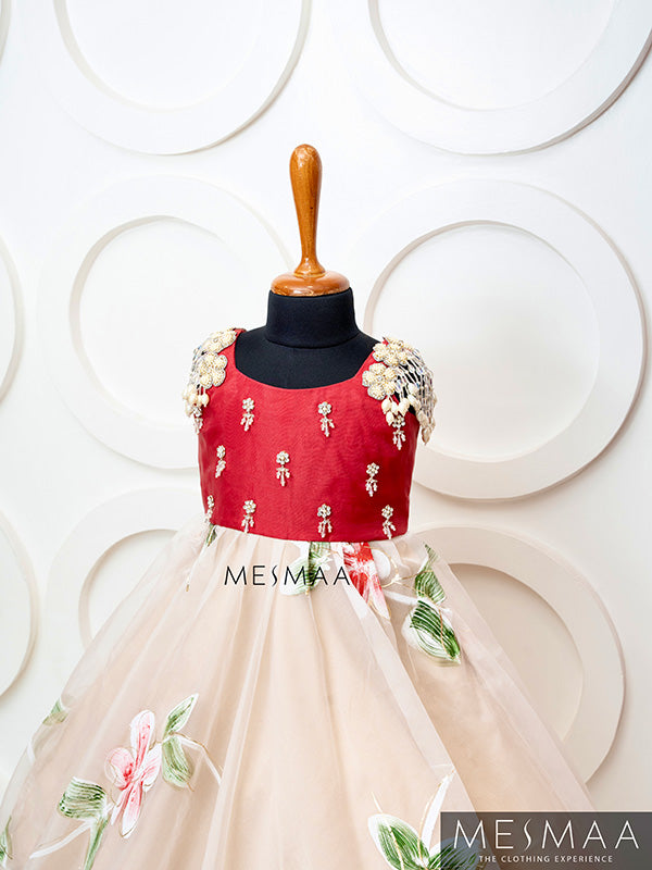 Coral red beige floral kid gown