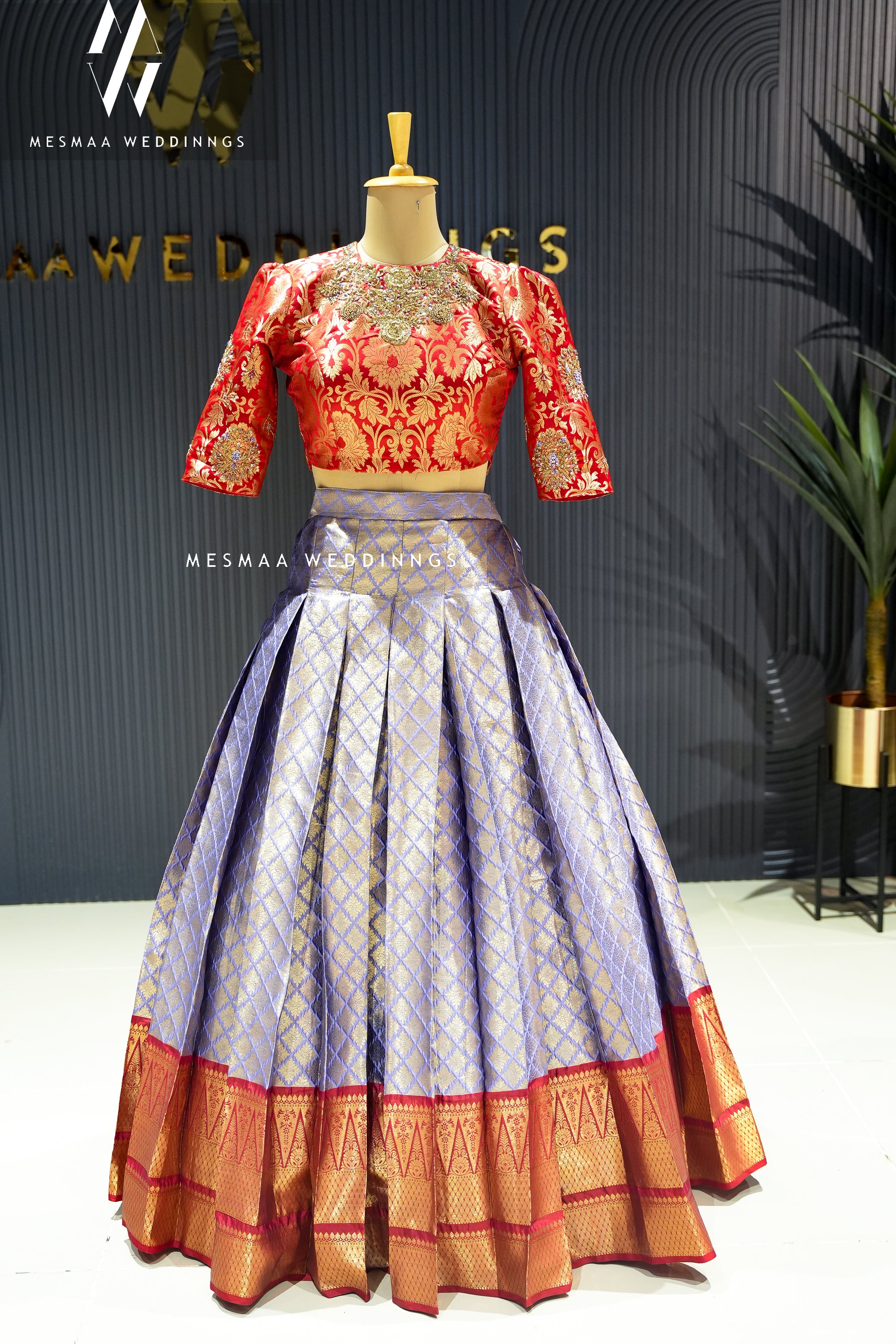 BRIGHT RED & LAVENDER PATTU HALF SAREE