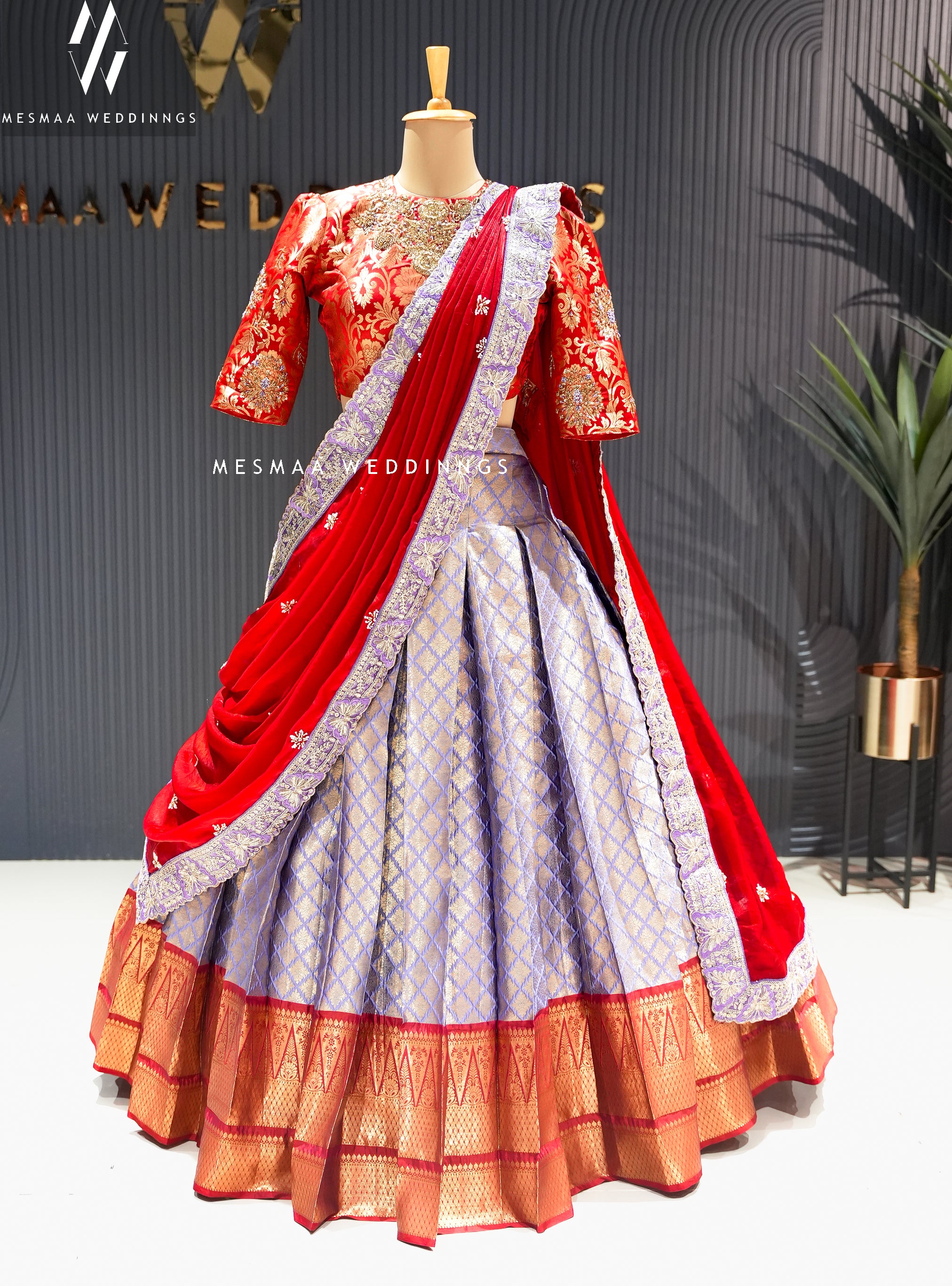 BRIGHT RED & LAVENDER PATTU HALF SAREE