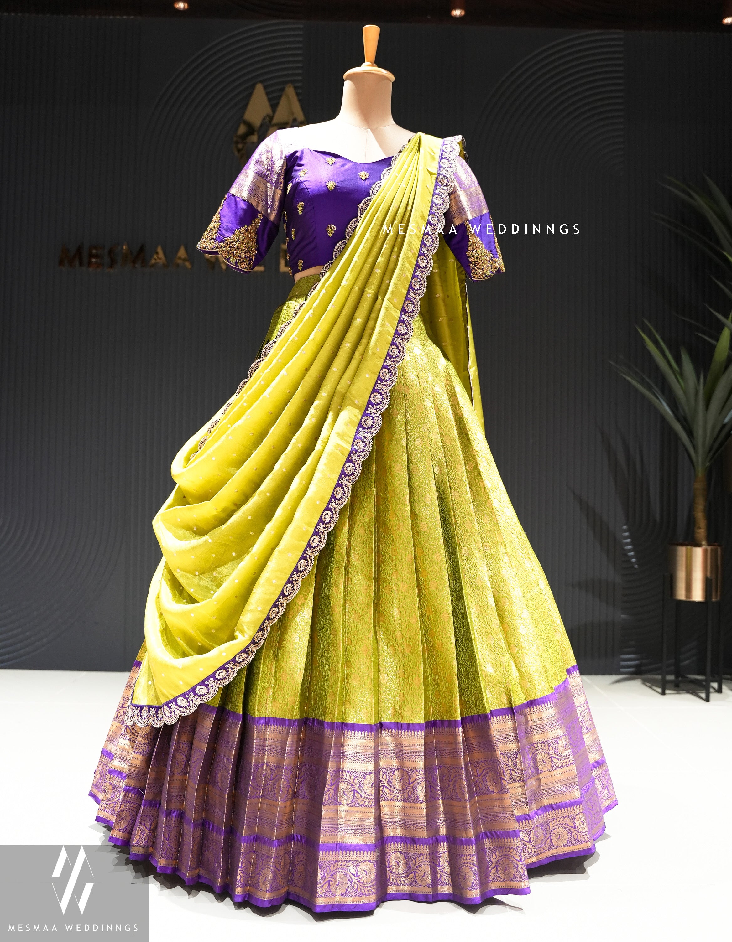 GREEN VIOLET PATTU HALF SAREE