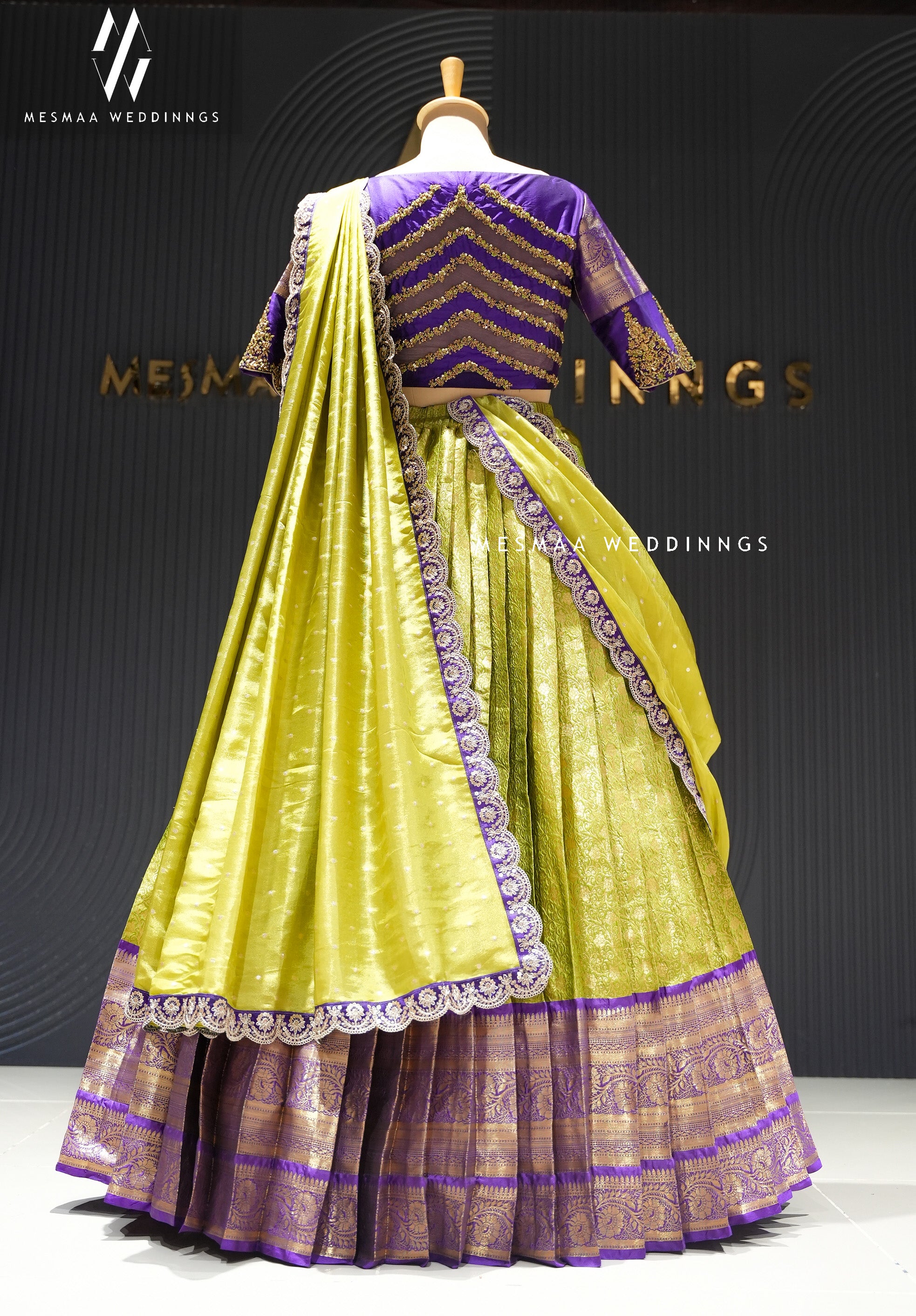 GREEN VIOLET PATTU HALF SAREE