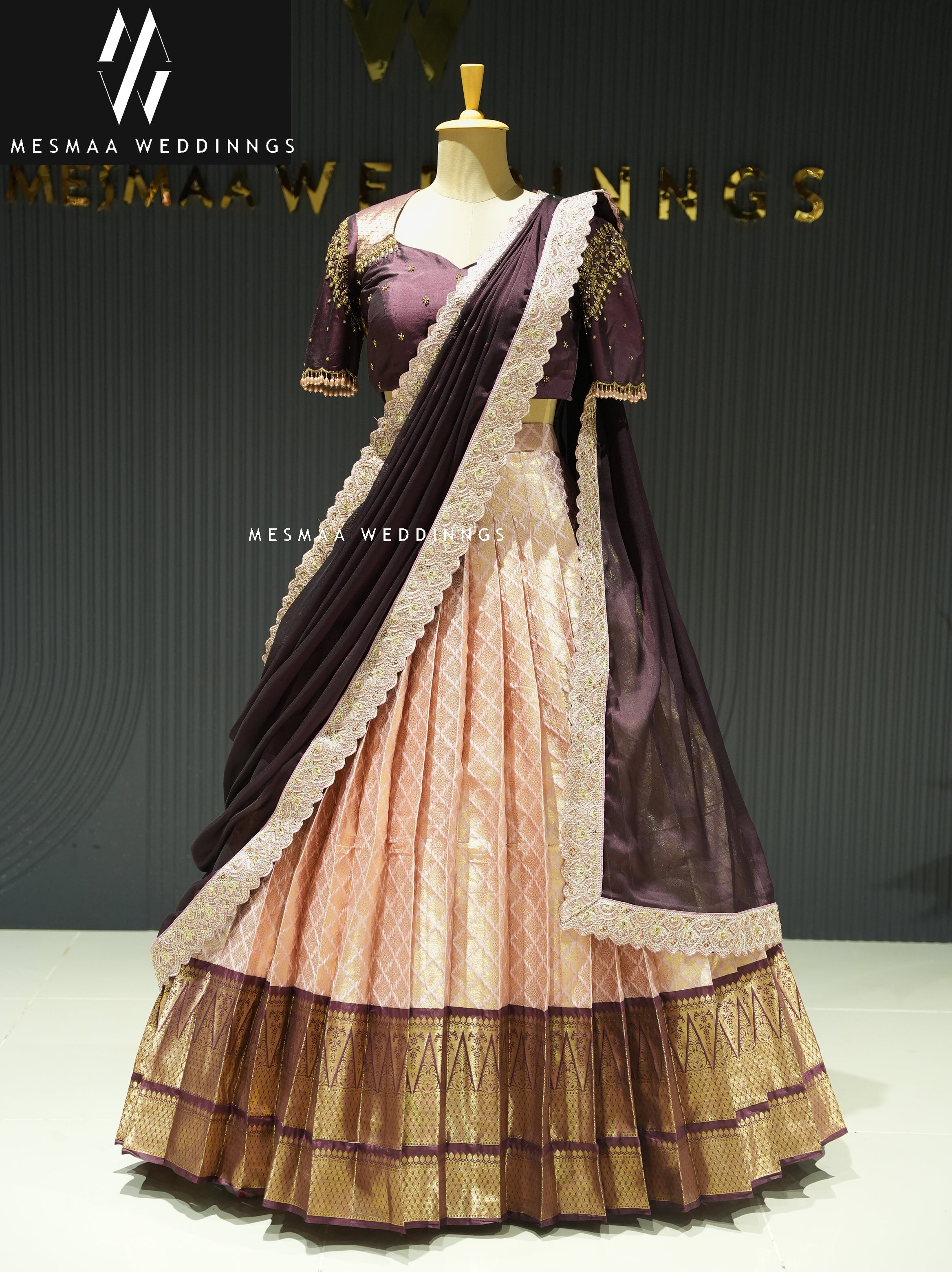 PEACHISH PINK COFFEE BROWN PATTU HALF SAREE.