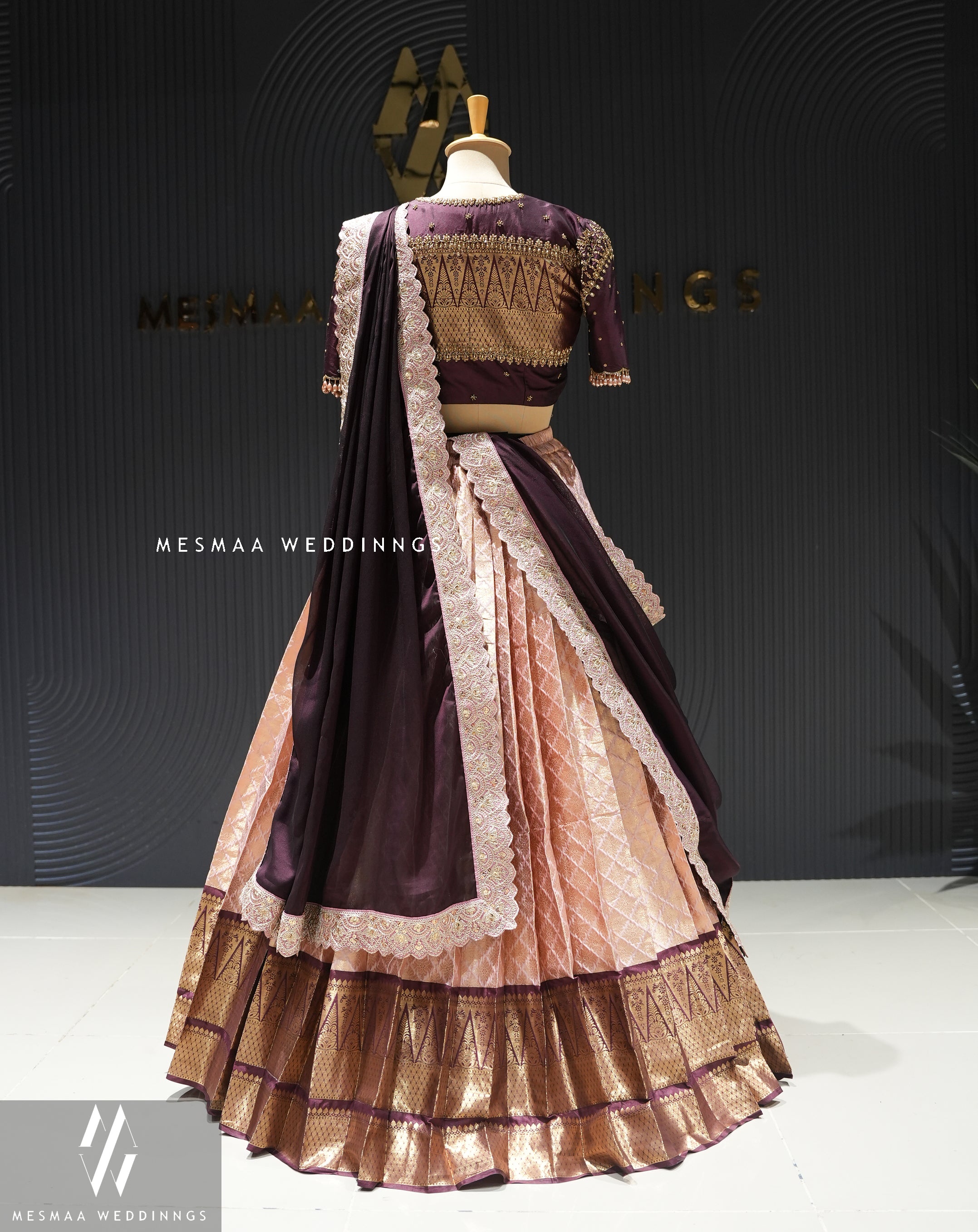 PEACHISH PINK COFFEE BROWN PATTU HALF SAREE.