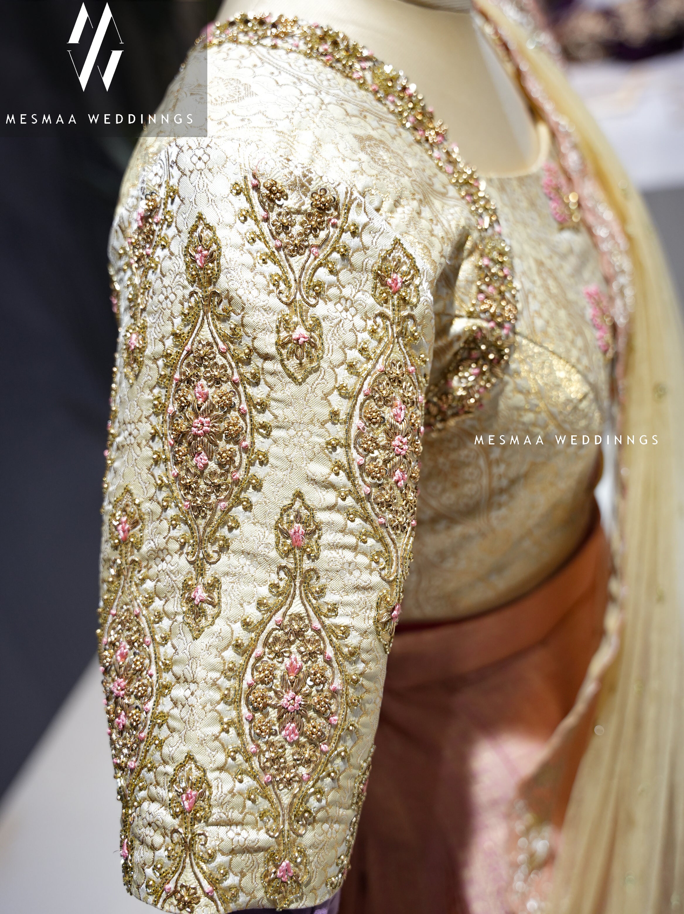 PEACH HALF WHITE PATTU HALF SAREE.