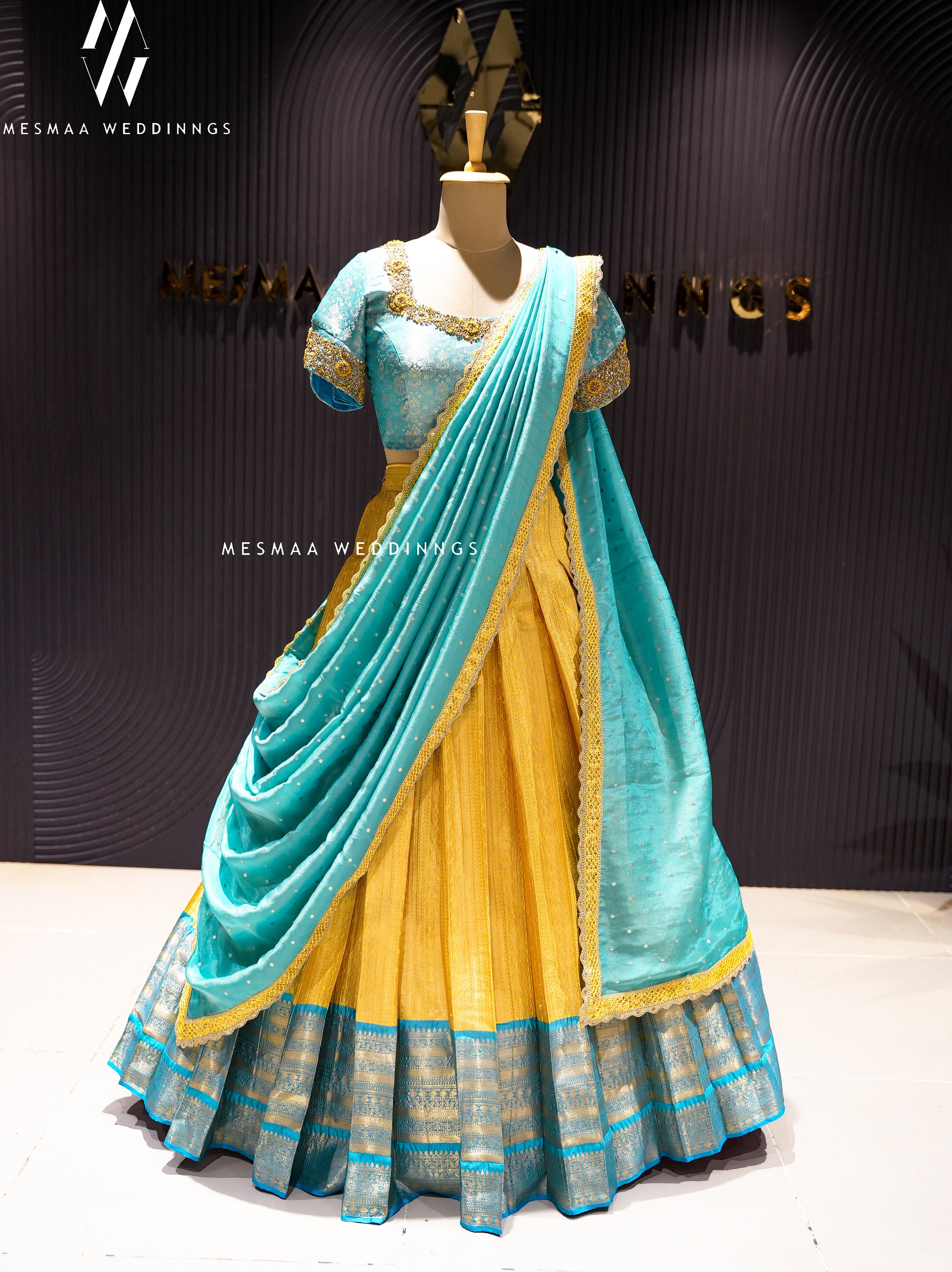 BLUE YELLOW PATTU HALF SAREE.