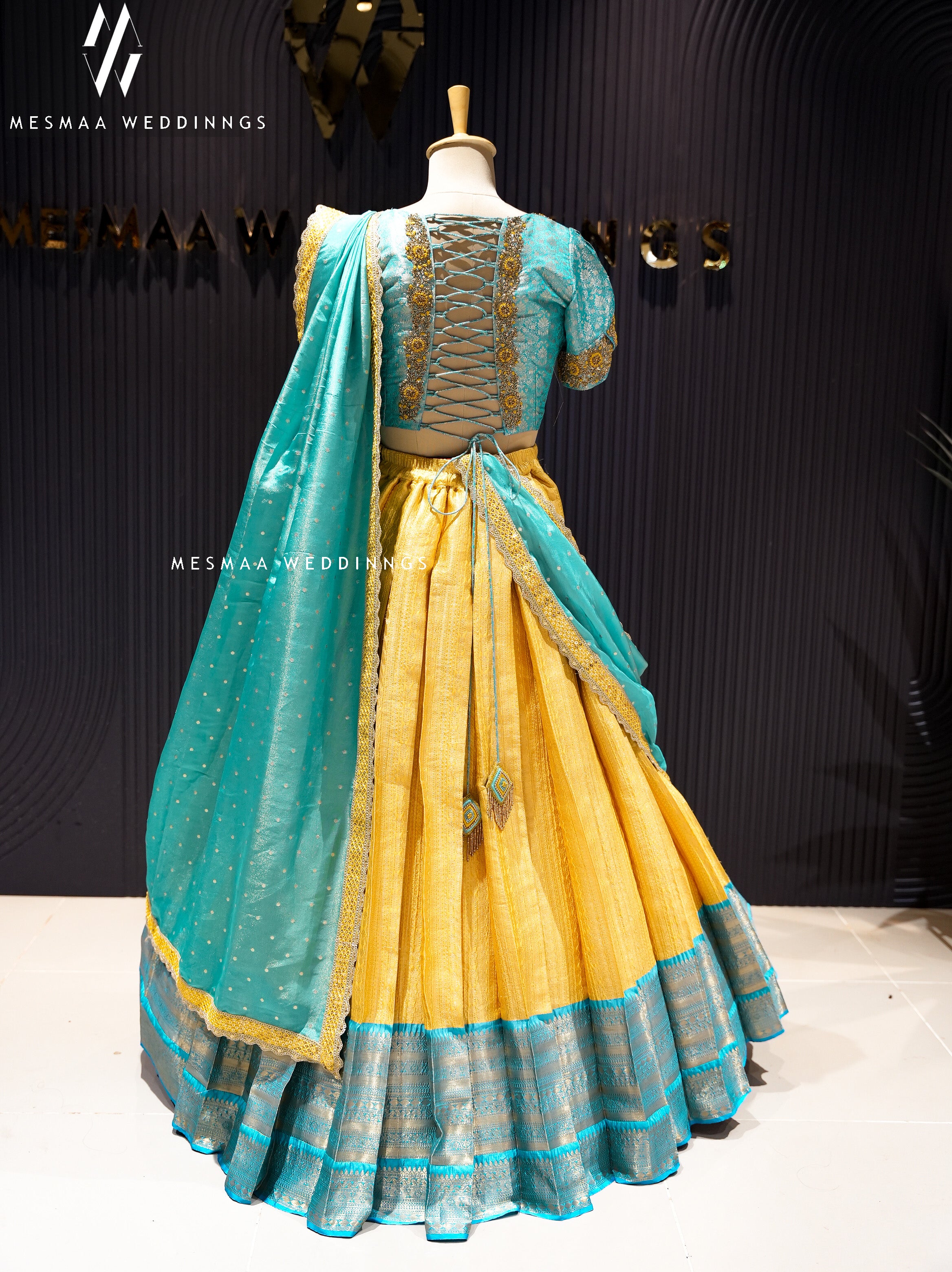 BLUE YELLOW PATTU HALF SAREE.