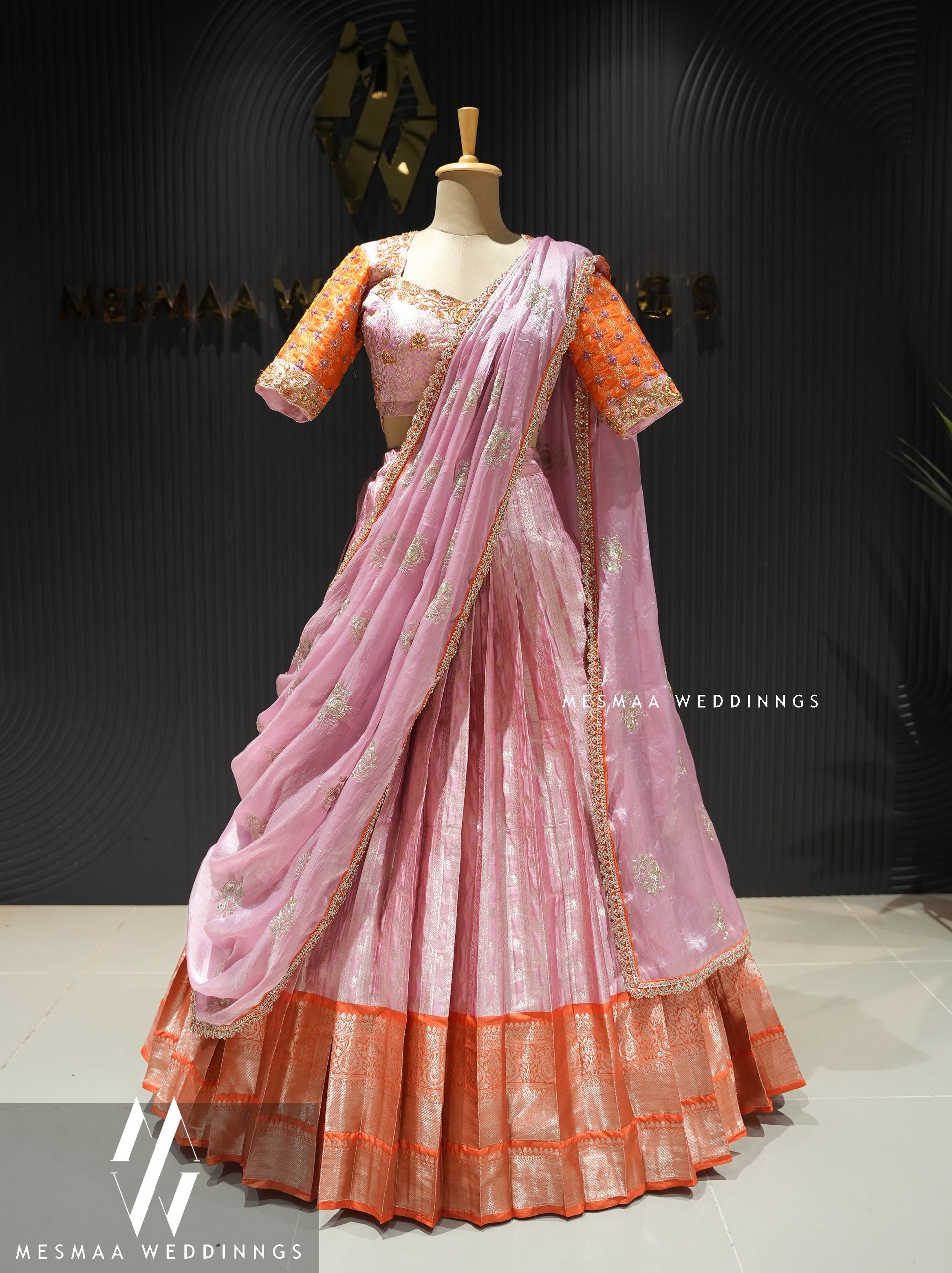 ORANGE BLUSH PINK PATTU HALF SAREE