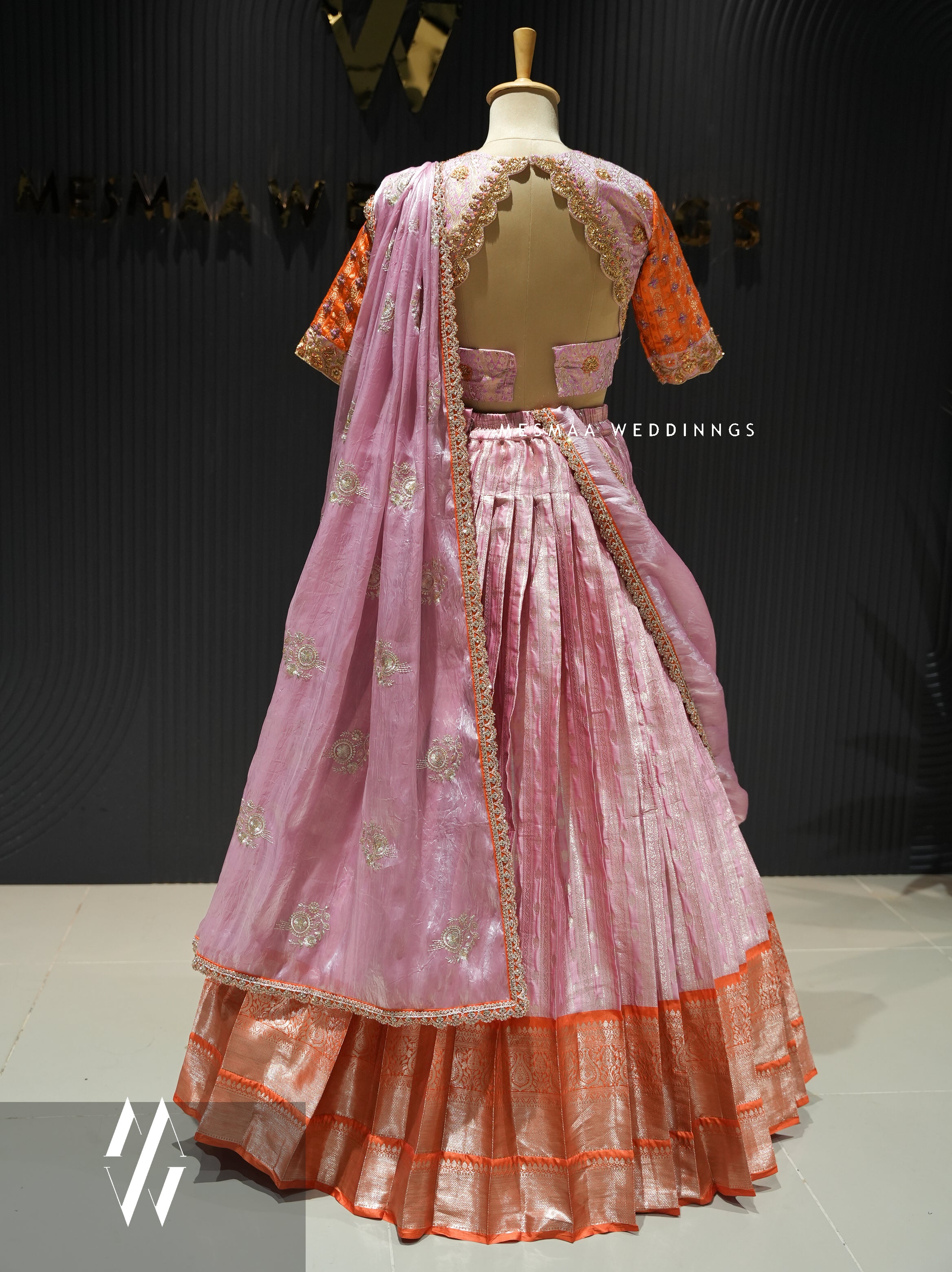 ORANGE BLUSH PINK PATTU HALF SAREE