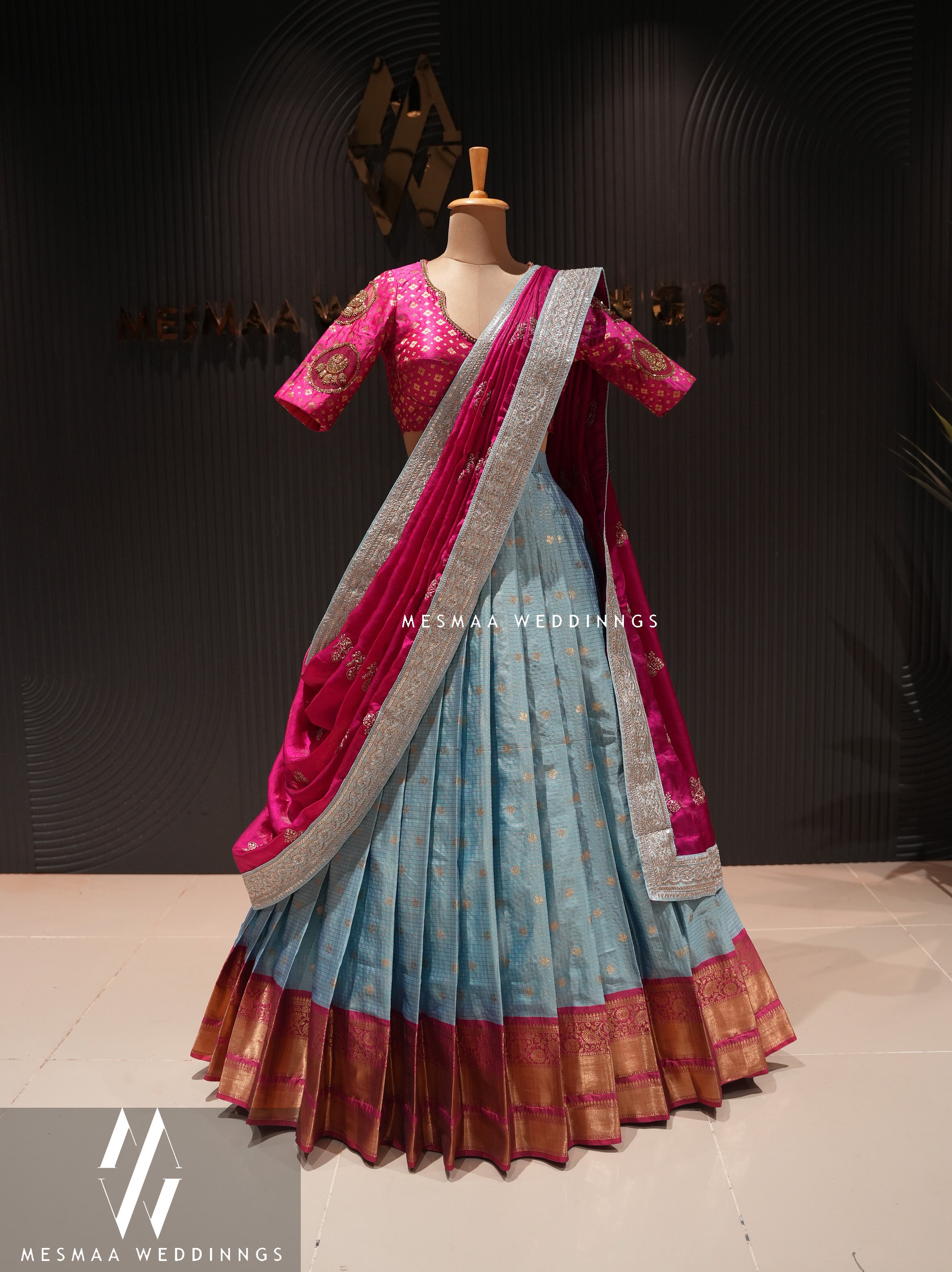 ICE BLUE RANI PINK PATTU HALF SAREE.