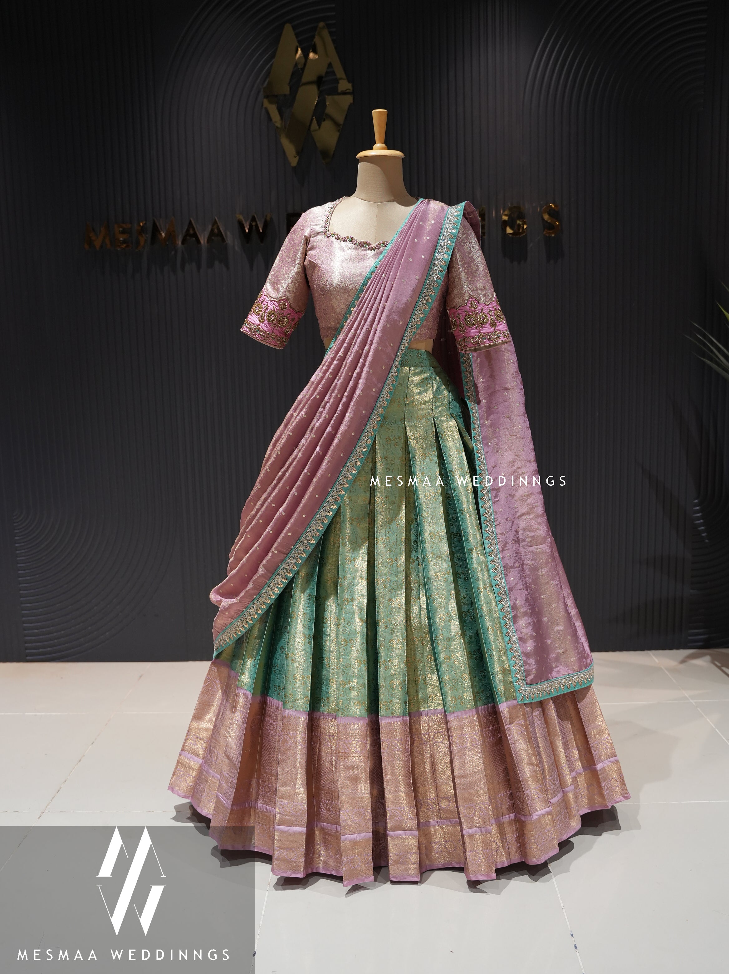 ONION PINK TEAL PATTU HALF SAREE.