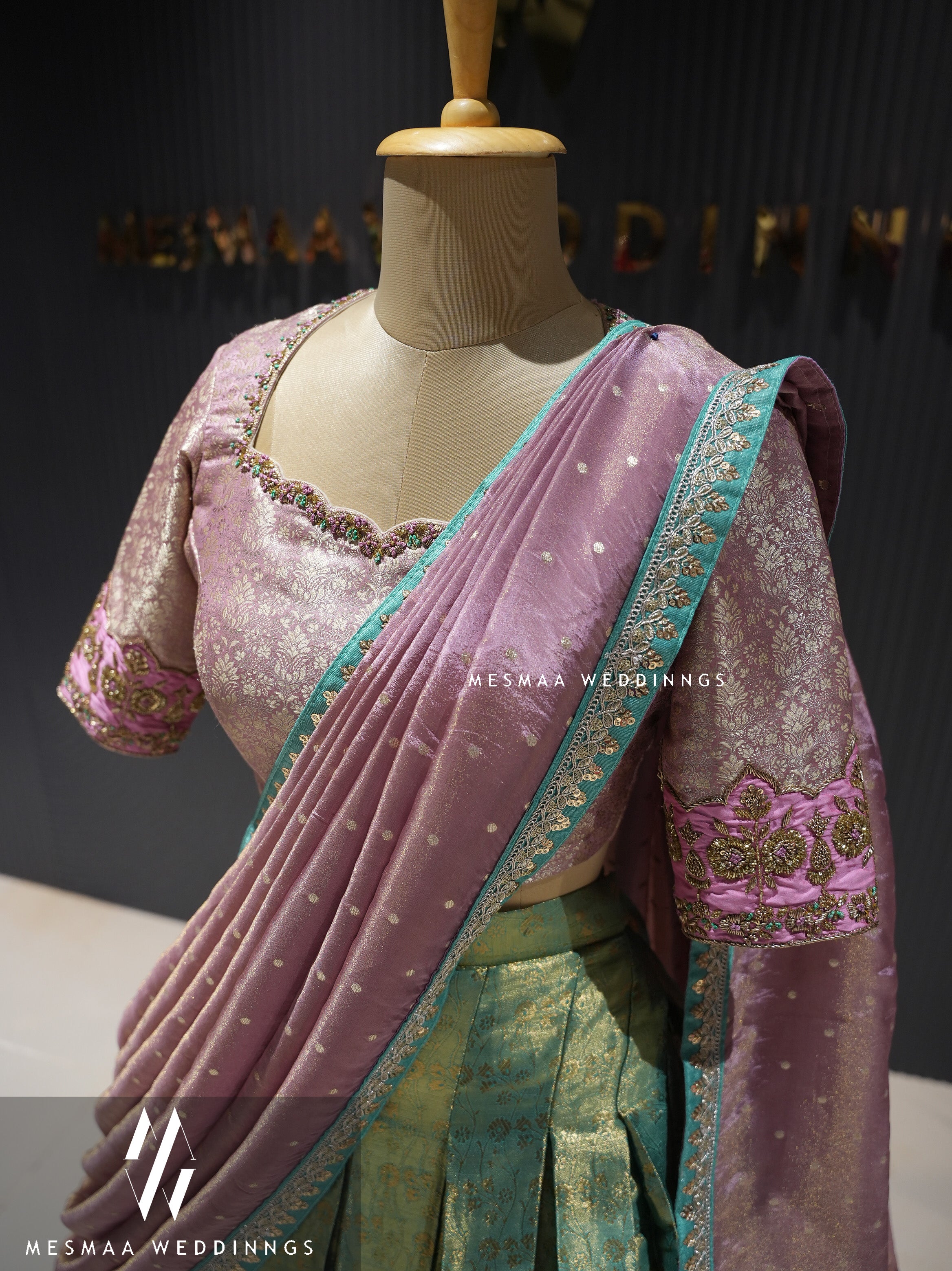 ONION PINK TEAL PATTU HALF SAREE.