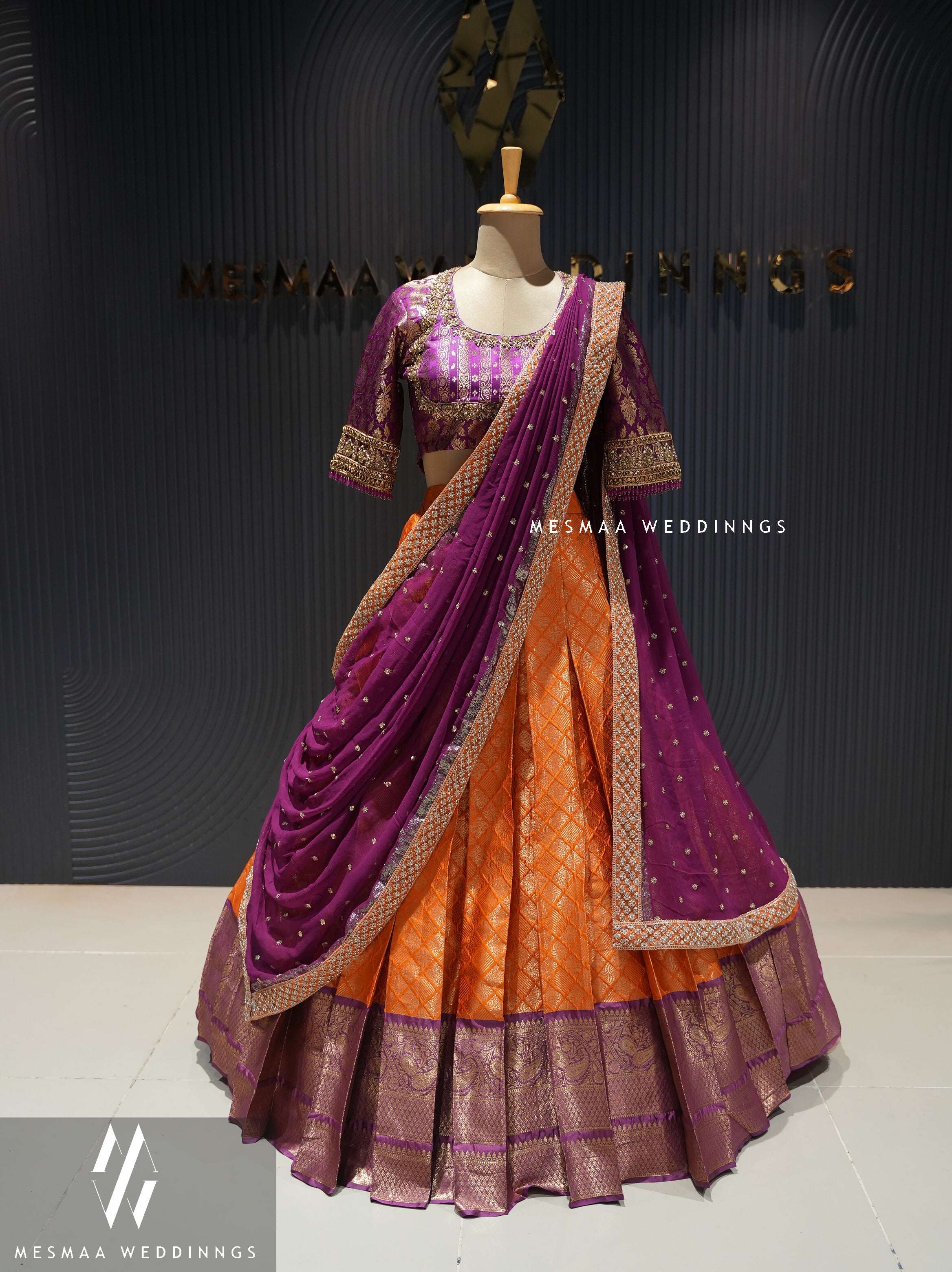 ORANGE PURPLE PATTU HALF SAREE.