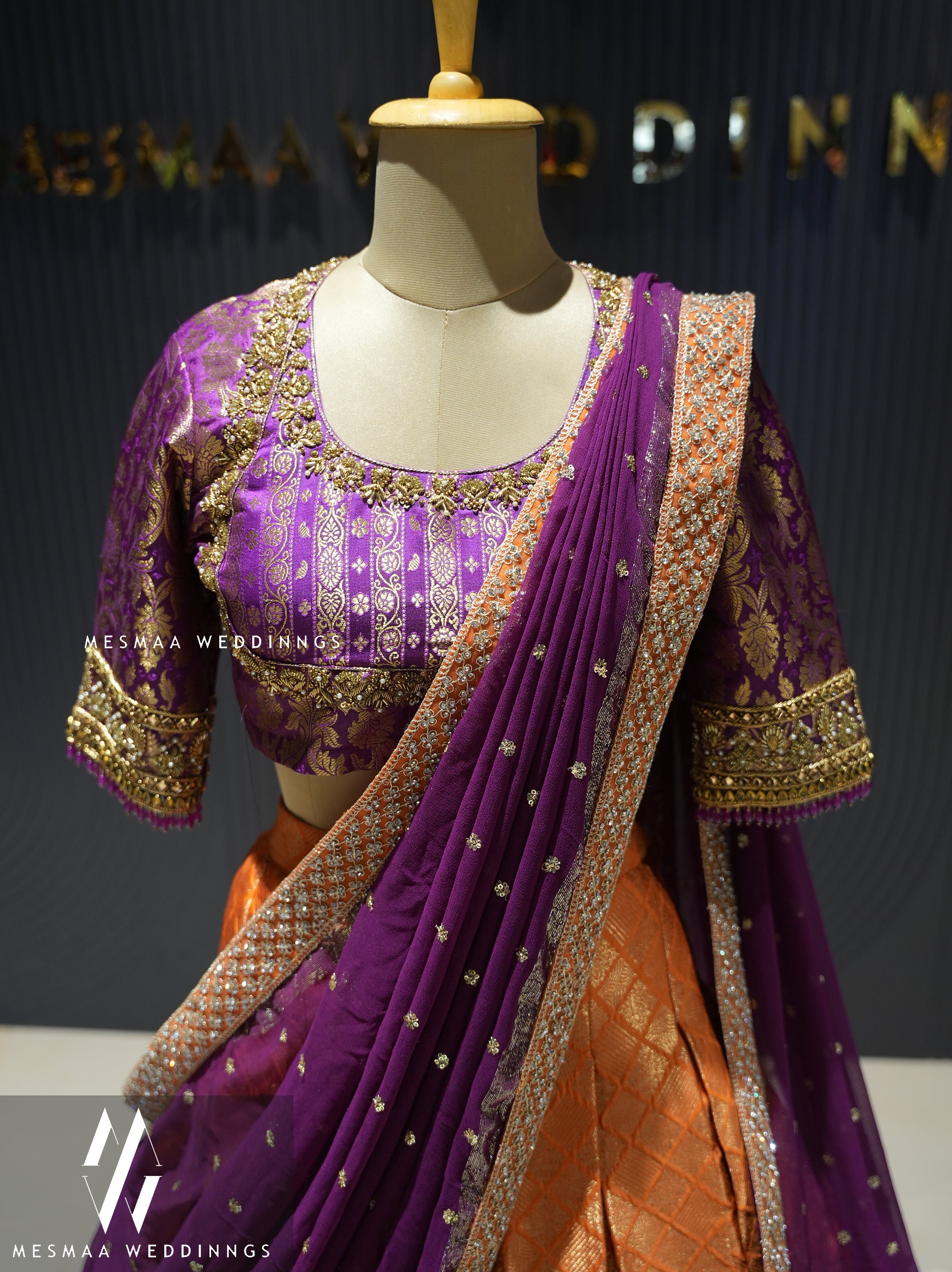 ORANGE PURPLE PATTU HALF SAREE.