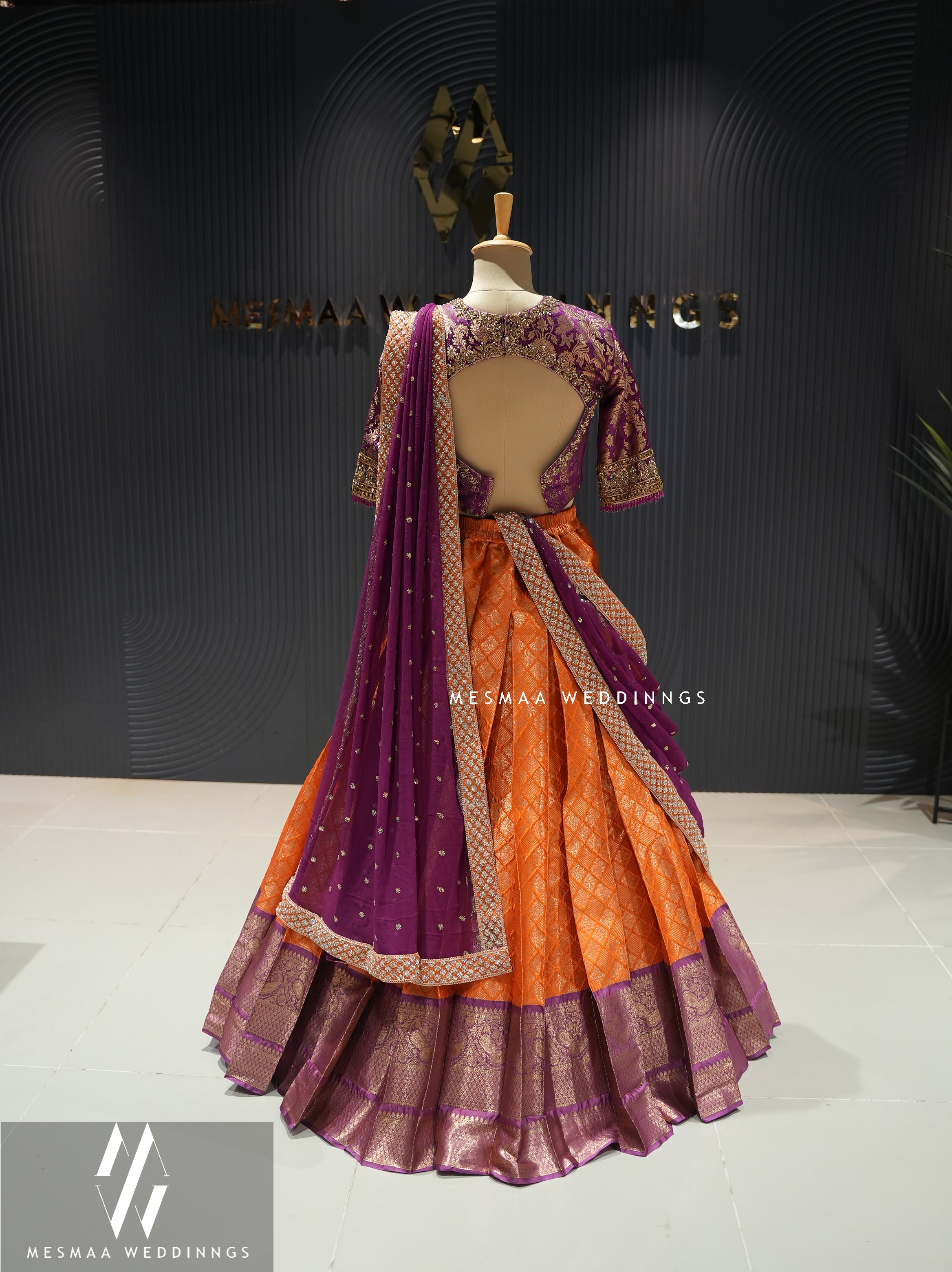 ORANGE PURPLE PATTU HALF SAREE.