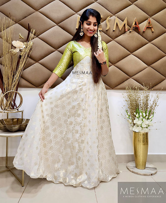 Green half white banarasi gown