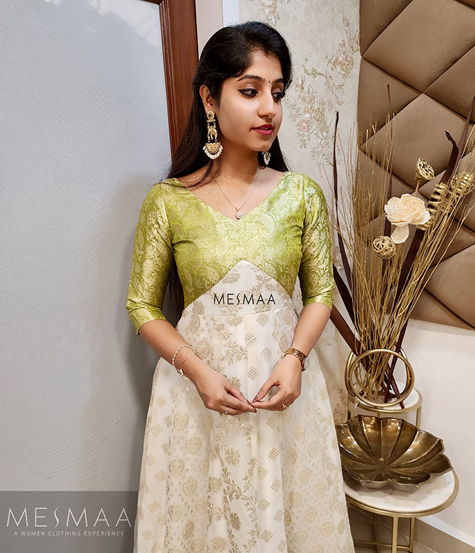 Green half white banarasi gown