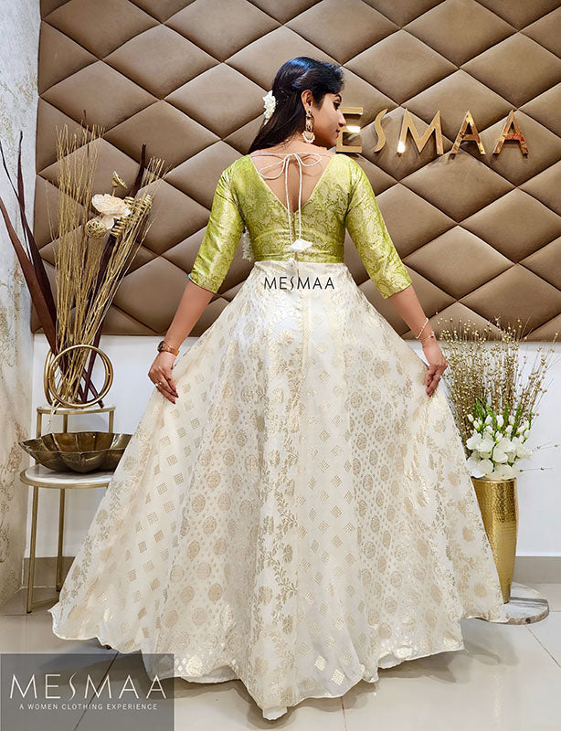 Green half white banarasi gown